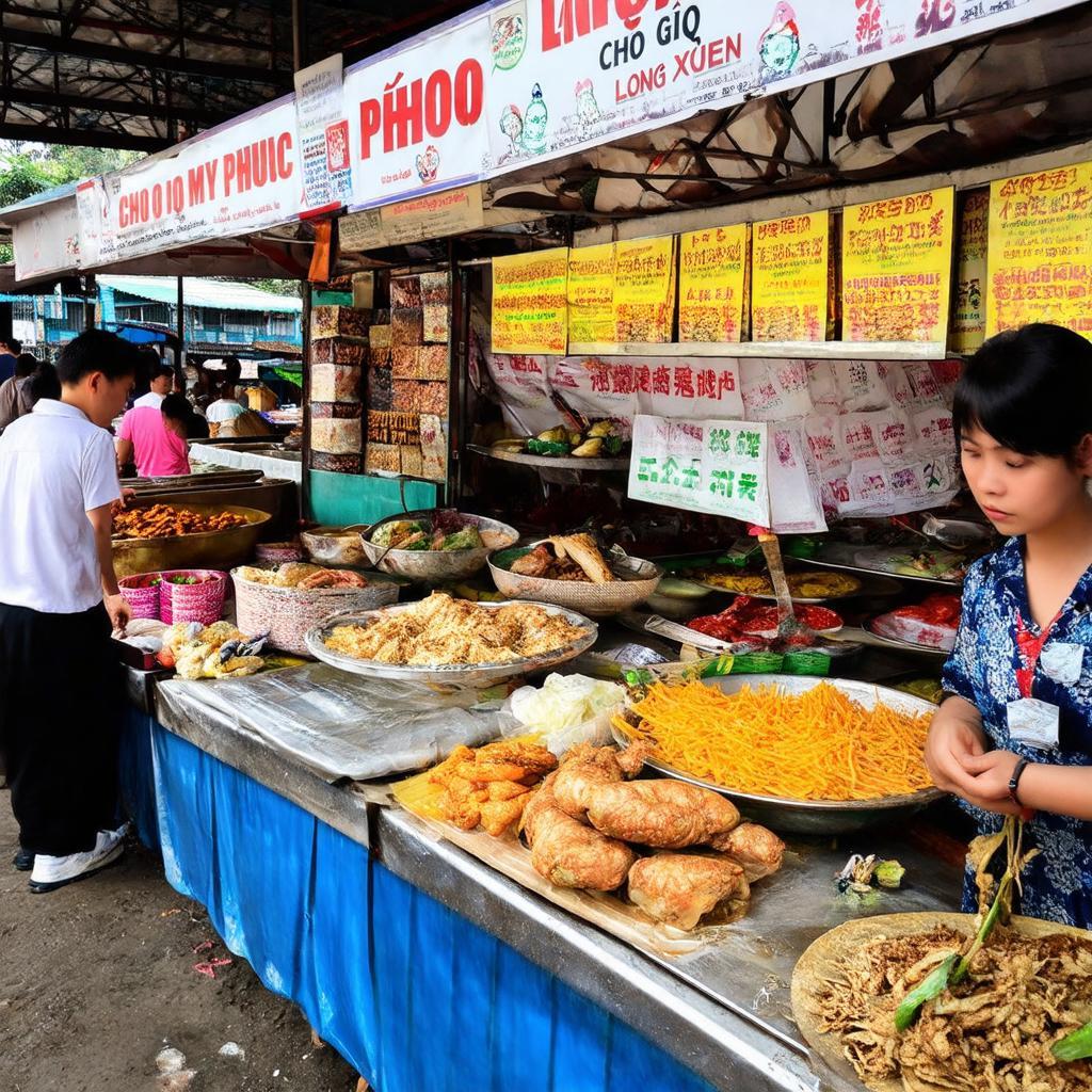 Hinh anh mot gian hang ban thuc pham hoac dac san hap dan tai Cho My Phuoc Long Xuyen An Giang